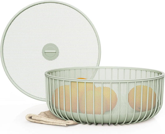A metal fruit plate with a mesh cover and a basket