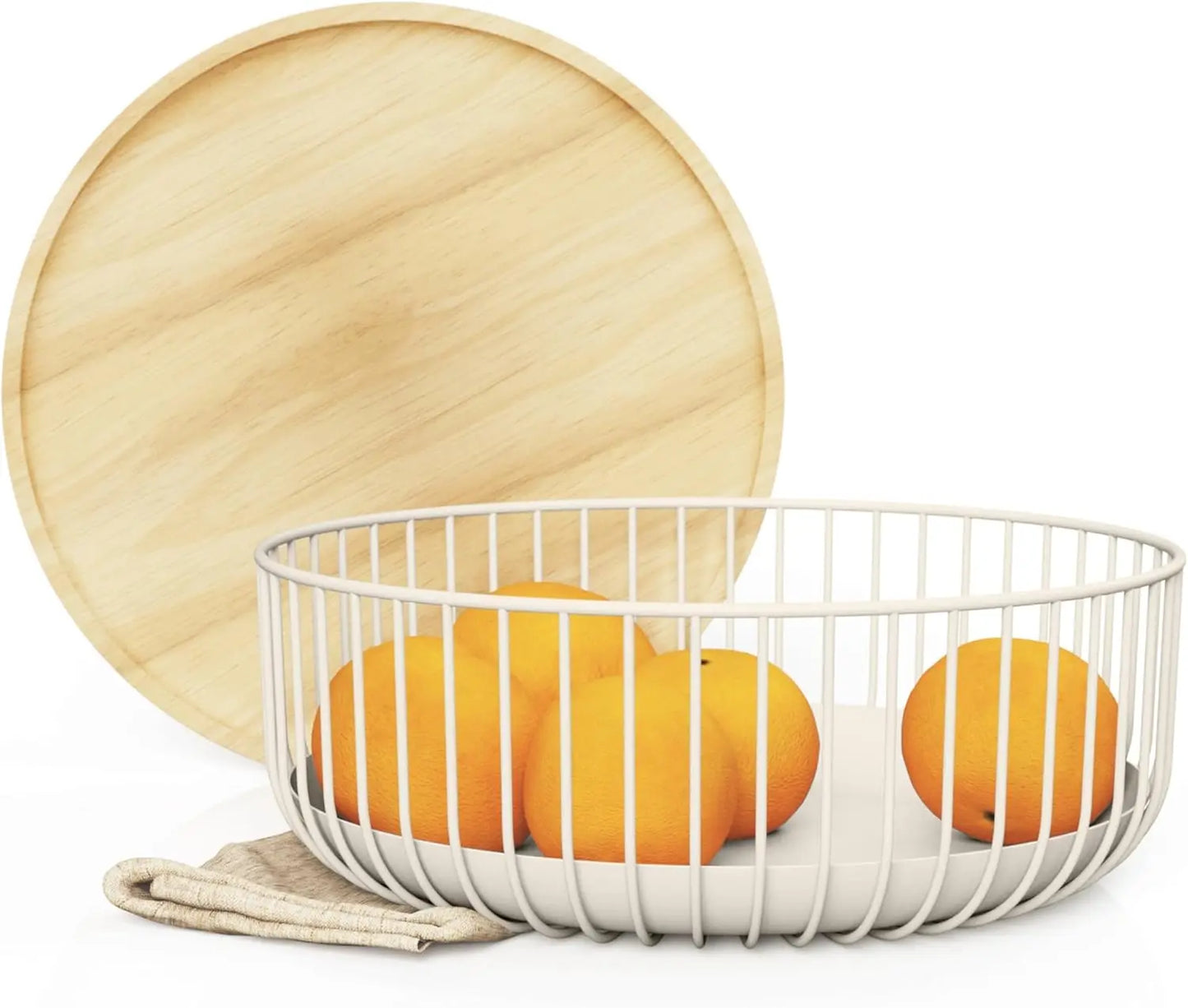 A metal fruit plate with a mesh cover and a basket
