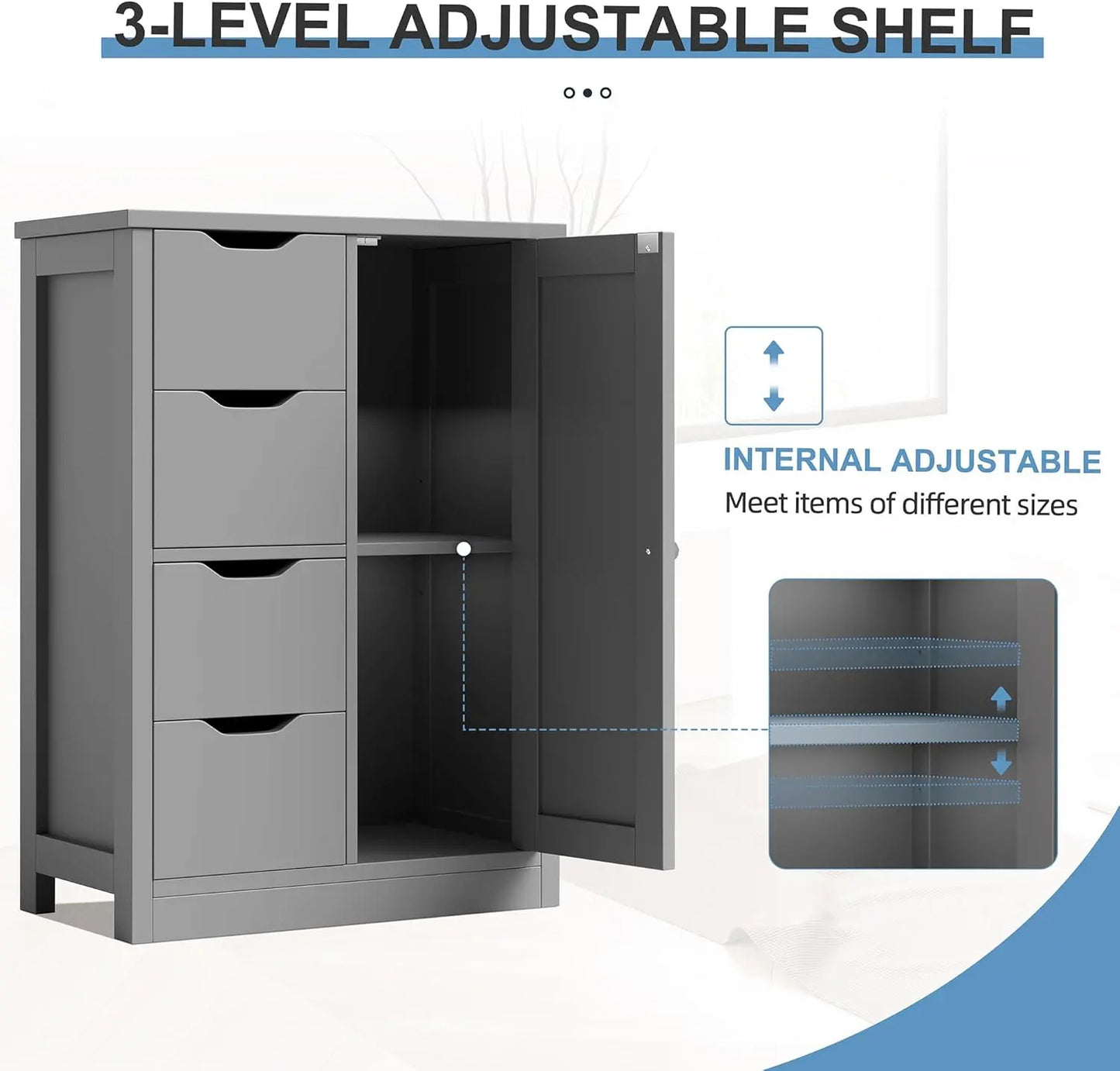 Bathroom storage cabinet with door and shelf