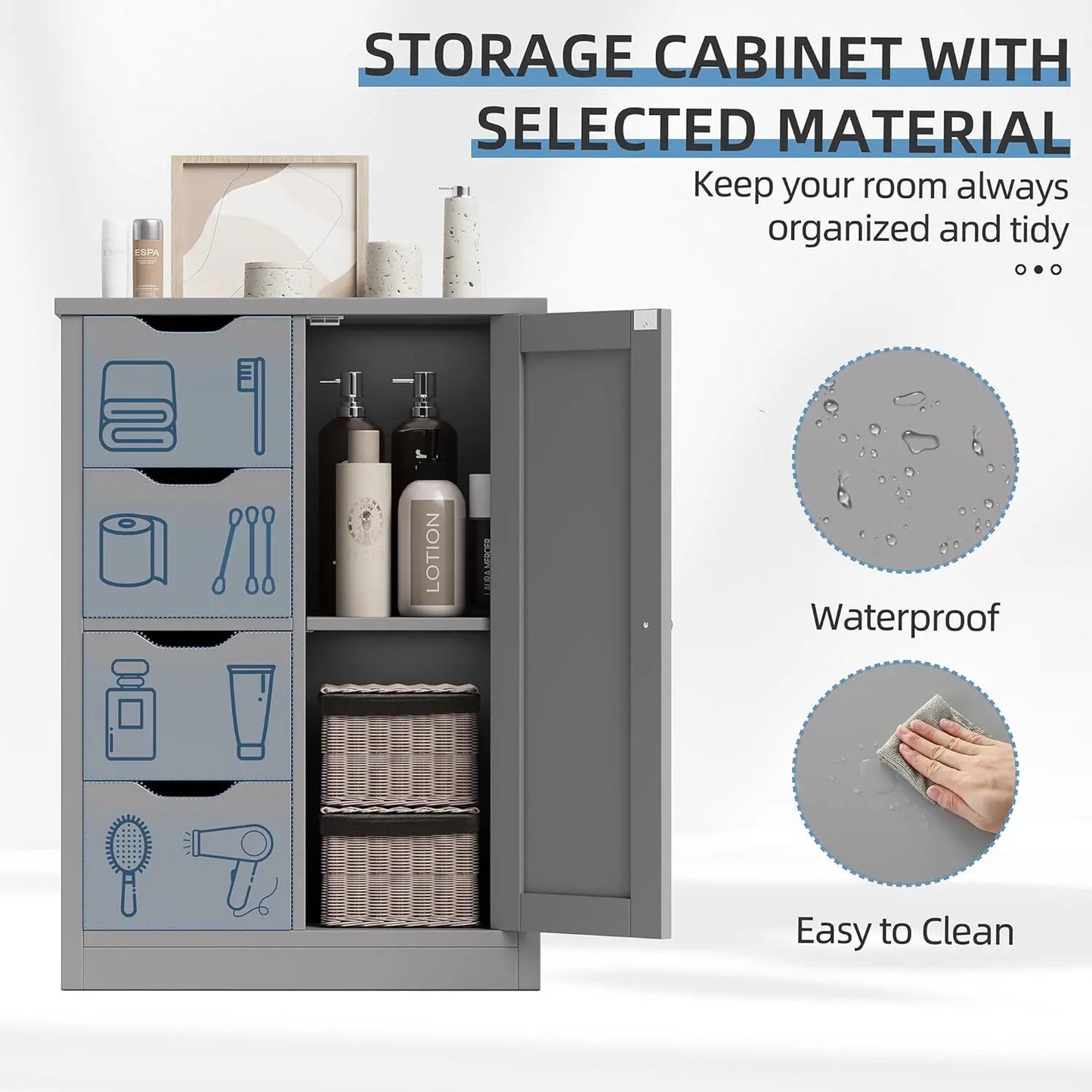 Bathroom storage cabinet with door and shelf
