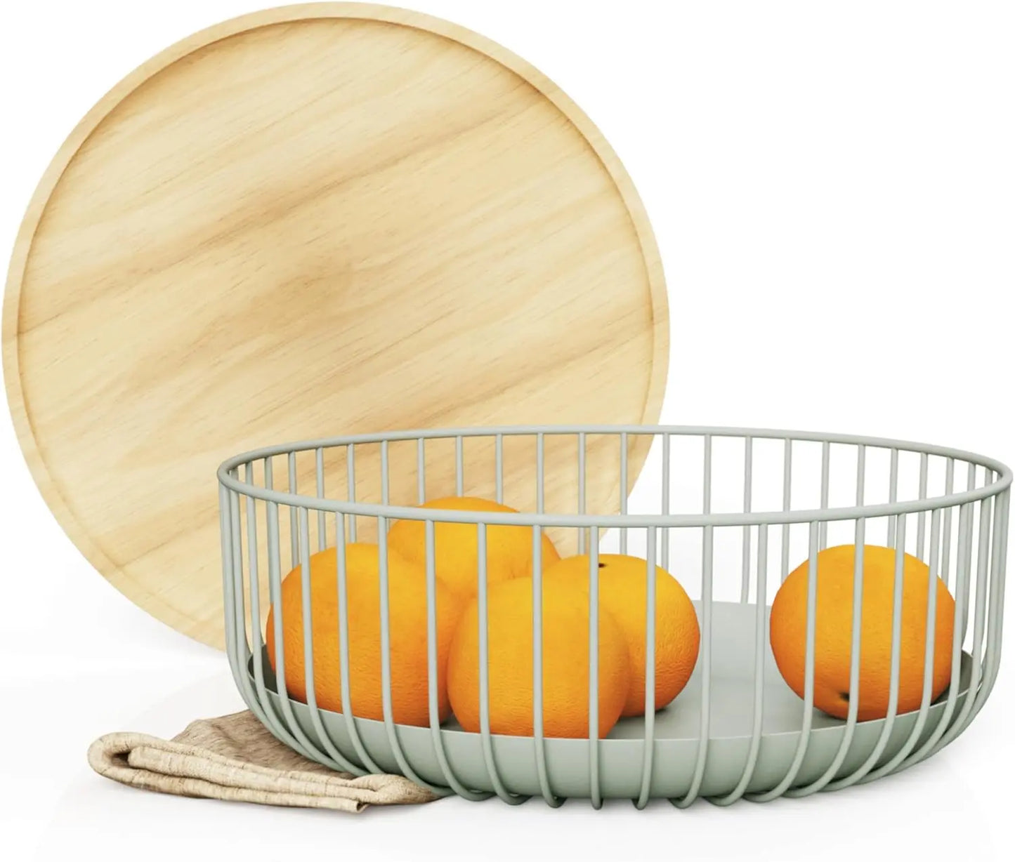 A metal fruit plate with a mesh cover and a basket