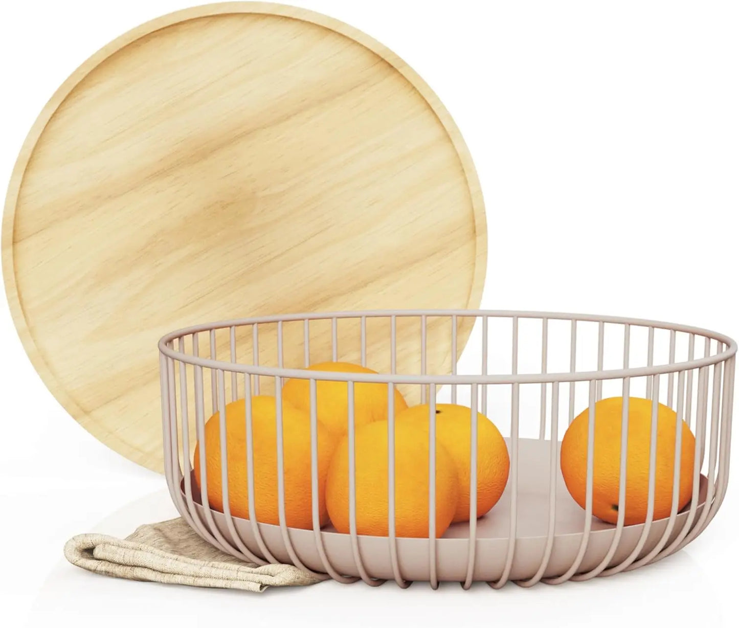 A metal fruit plate with a mesh cover and a basket