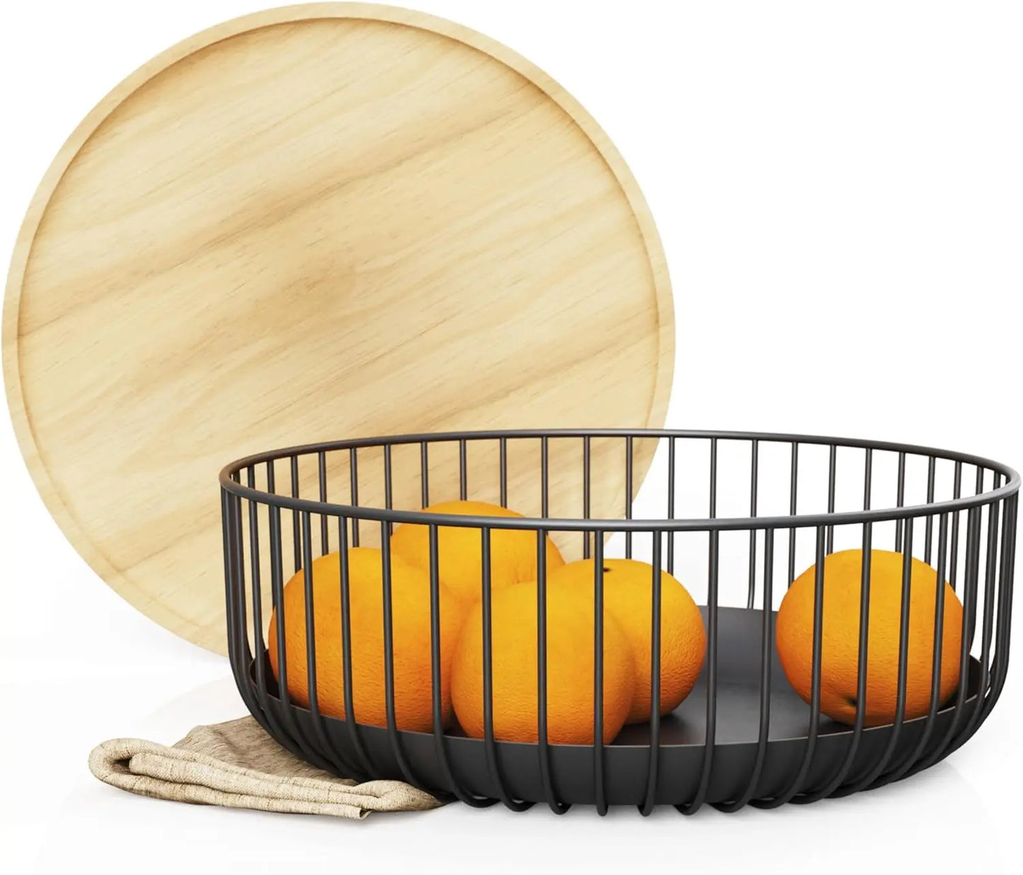 A metal fruit plate with a mesh cover and a basket