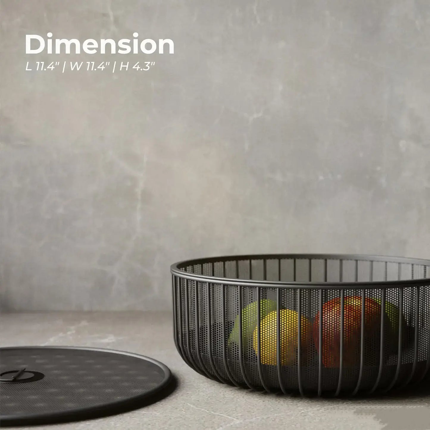 A metal fruit plate with a mesh cover and a basket