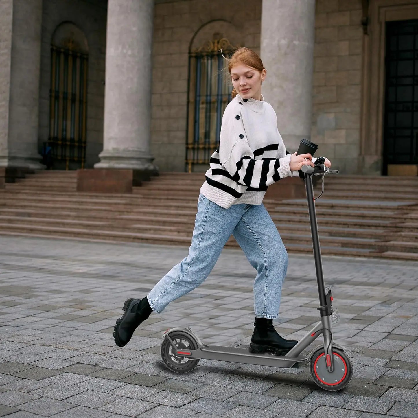 A powerful 350W electric scooter with a maximum speed of 19 miles per hour and a range of 15-19 miles
