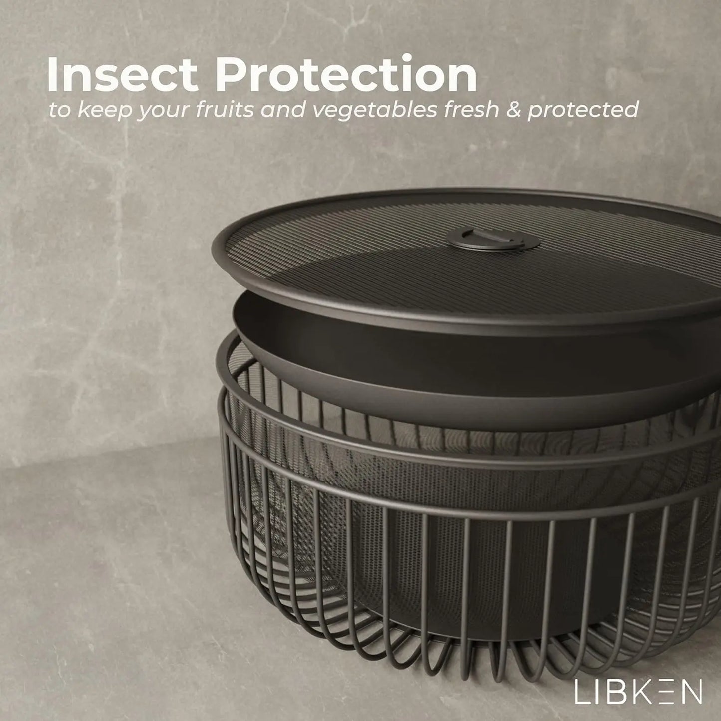 A metal fruit plate with a mesh cover and a basket