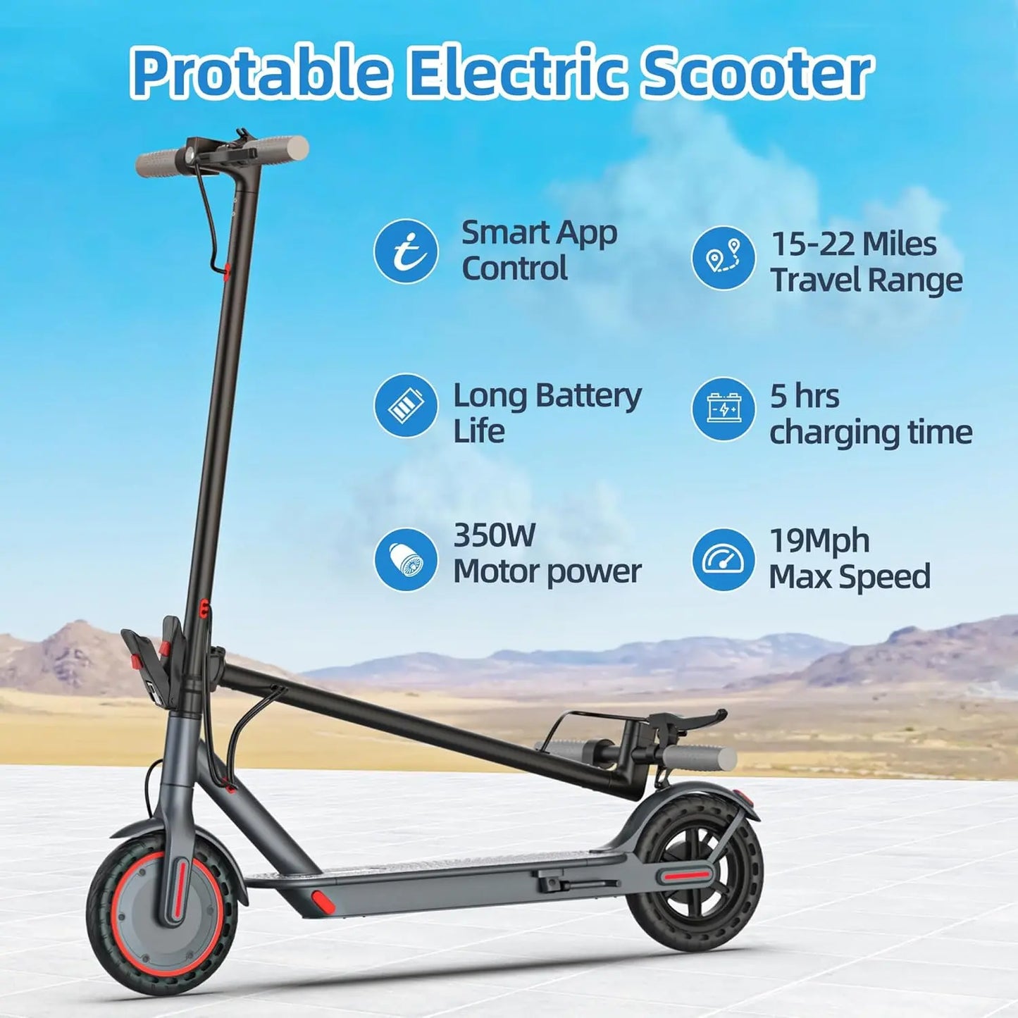 A powerful 350W electric scooter with a maximum speed of 19 miles per hour and a range of 15-19 miles