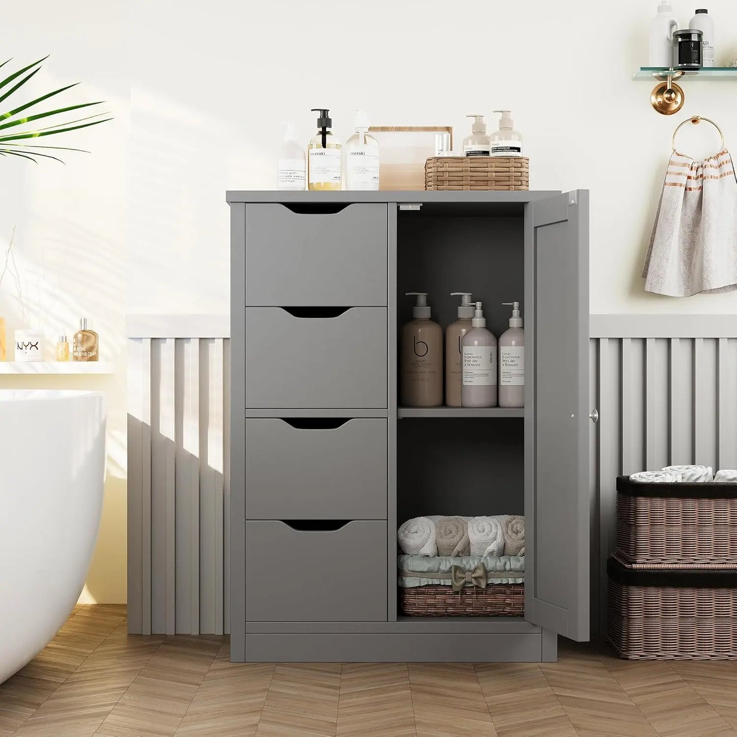 Bathroom storage cabinet with door and shelf
