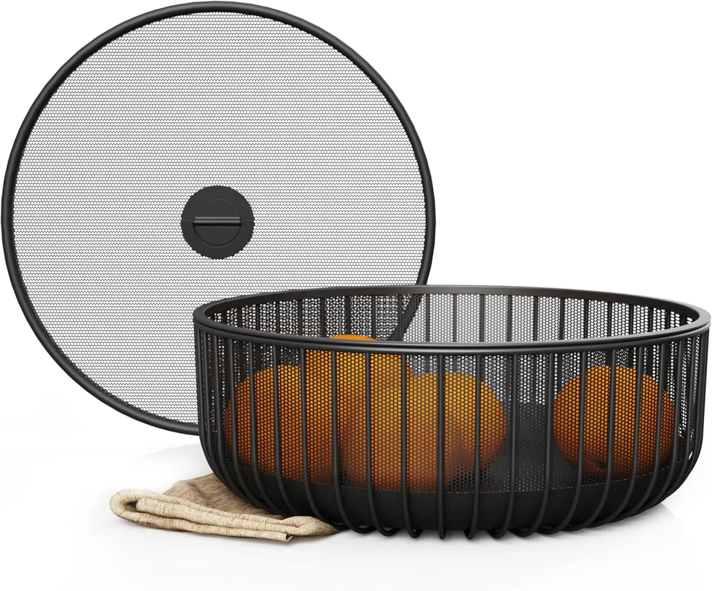 A metal fruit plate with a mesh cover and a basket
