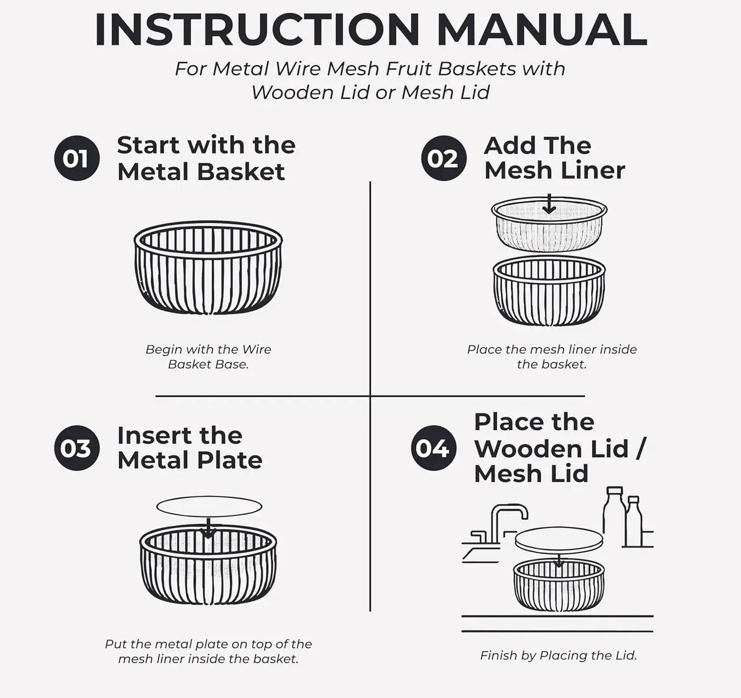 A metal fruit plate with a mesh cover and a basket