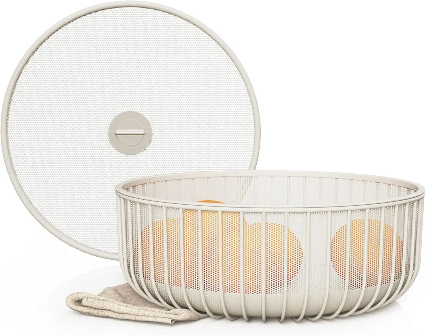 A metal fruit plate with a mesh cover and a basket