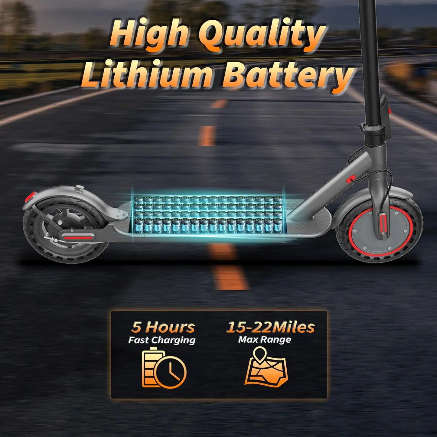 A powerful 350W electric scooter with a maximum speed of 19 miles per hour and a range of 15-19 miles
