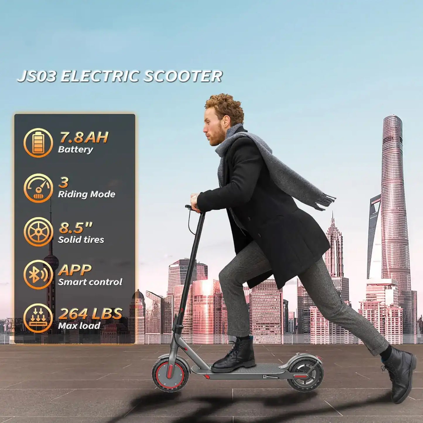 A powerful 350W electric scooter with a maximum speed of 19 miles per hour and a range of 15-19 miles