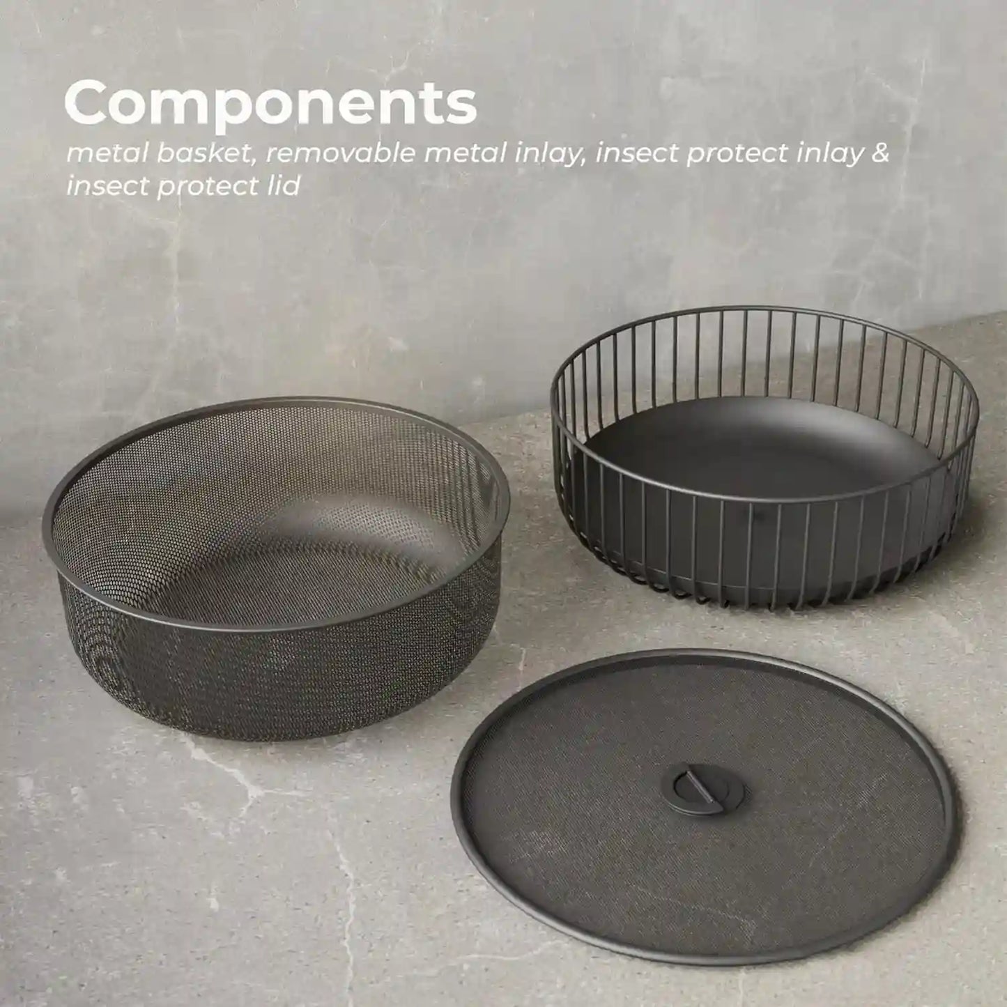 A metal fruit plate with a mesh cover and a basket